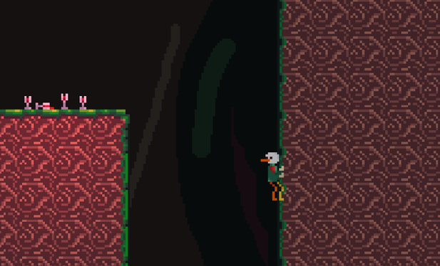 Pixel art duck is holding on to the wall. Small red wine glasses are on the ledge to the left.