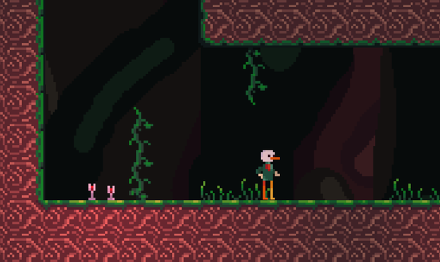 Pixel art duck is standing still. Vines and grasses are everywhere, and there are red wine glass on the left.