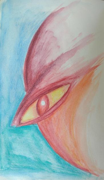 Semi abstract drawing with a red and yellow eye surrounded by blue, red and orange colours.