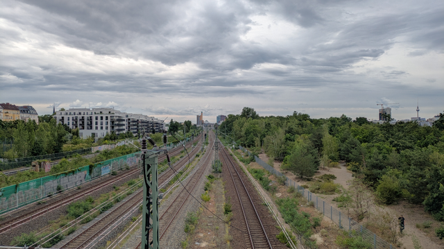 Das Bild zeigt eine breite Ansicht von Eisenbahnstrecken, die parallel verlaufen. Die Gleise sind von einem Zaun mit grüner Beschichtung umgeben, auf dem verschiedene Graffiti zu sehen sind. Links und rechts der Gleise erstrecken sich Bäume und Sträucher, die einen natürlichen Rand bilden. Im Hintergrund sind mehrstöckige Gebäude zu erkennen, darunter Wohnhäuser und ein Hochhaus. Über dem gesamten Bild erstreckt sich ein bewölkter Himmel, der eine gedämpfte Beleuchtung verleiht. Im weiteren Hintergrund sind einige weitere Gebäude und ein Turm sichtbar, der möglicherweise ein Fernsehturm ist.