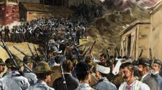 Image of Pinkertons battling striking workers at Homestead