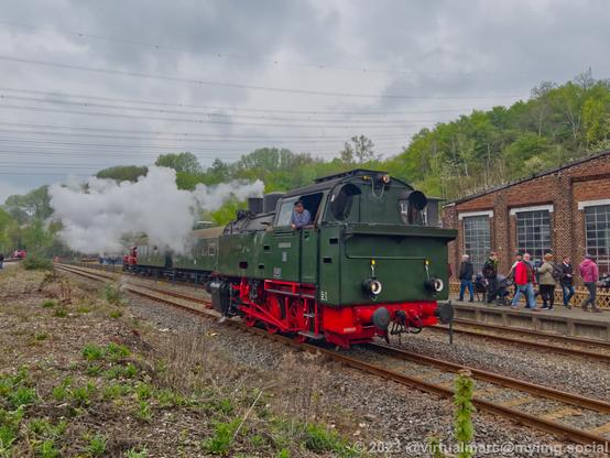 A photo of a green steam locomotive from the Hespertalbahn driving backwards.