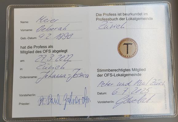 Ausgefüllter Professausweis, der mein franziskanisches Ordensgelübde urkundlich beglaubigt.