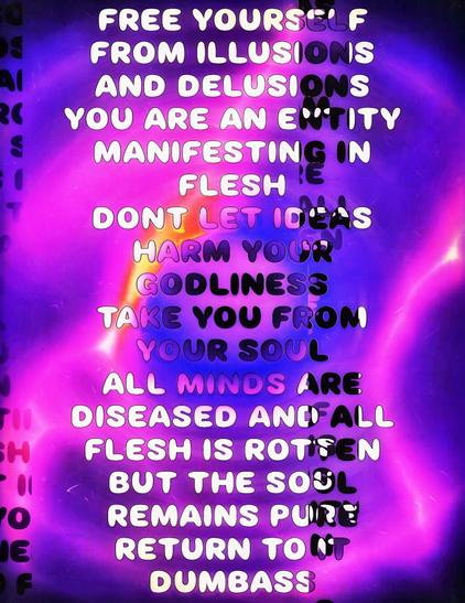 A psychedelic purple wallpaper with the text "Free yourself from illusions and delusions. You are an entity manifesting in flesh. Dont let ideas harm your godliness, take you from your soul. All minds are diseased, and all flesh is rotten. But the soul remains pure. Return to it, dumbass"