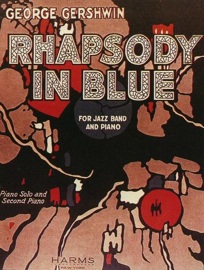 The image is a cover for the musical piece "Rhapsody in Blue" by George Gershwin. The background features an abstract design with a map-like pattern in shades of brown, red, and black, with some white areas. The title "Rhapsody in Blue" is prominently displayed in large, decorative letters with a mosaic-like pattern, set against the background. The name "George Gershwin" is written at the top in a smaller, bold font. Below the title, it states "For Jazz Band and Piano" in a smaller font. The bottom left corner includes the text "Piano Solo and Second Piano," and the bottom right corner has the publisher's name "Harms" with "New York" underneath it. The overall design is reminiscent of the Art Deco style, which was popular in the early 20th century, reflecting the era when the piece was composed.

Provided by @altbot, generated privately and locally using Ovis2-8B