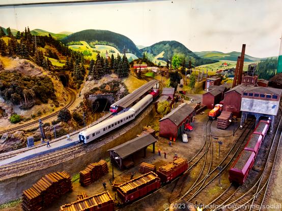 A photo of a model railway. You can see a small train station and a wood factory.