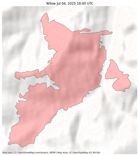 Visual map representation of the Yellow wildfire, showing the perimeters of the 1589.2032687545868 acre fire on a map.