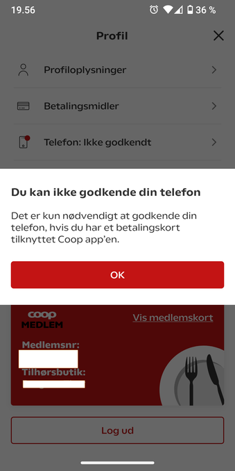 Skærmskud fra mobiltlefon af Coop Appen med en popup der fortæller at jeg ikke kan godkende min teleron, men at det kun er krævet hvis jeg vil bruge et betalingskort med appen.
