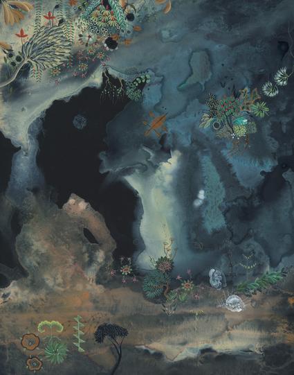 this is an abstract painting with a background of liquid browns and greys and blacks flowing together, and in the space created are forms that like plants and flowers and maybe jellyfish in soft colors