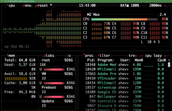 btop showing cpu usage