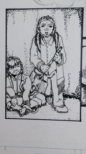 Young Gardrek, the dwarf crown prince, stands facing the viewer holding a warhammer in his hands. His posture is defensive, his expression skeptical. Next to him is seated his brother Rekhart, glancing up at him side-eye. A snake curls up towards Rekhart's shoulder. The drawing is in black and white ink on bristol board. The blue outline of a comic page's trim marks are visible at the bottom.