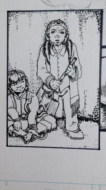 Young Gardrek, the dwarf crown prince, stands facing the viewer holding a warhammer in his hands. His posture is defensive, his expression skeptical. Next to him is seated his brother Rekhart, glancing up at him side-eye. A snake curls up towards Rekhart's shoulder. The drawing is in black and white ink on bristol board. The blue outline of a comic page's trim marks are visible at the bottom.