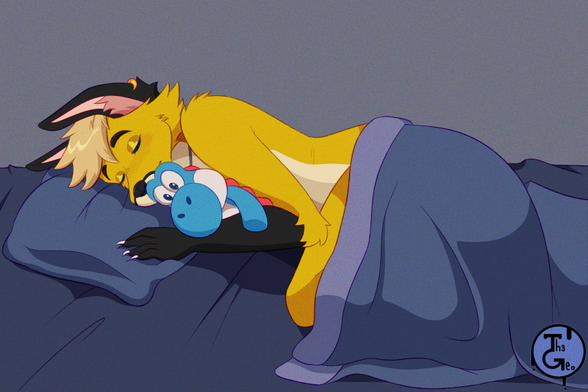 - Drawing Type:
(Repost) Normal Style / Cell Shading / Halfbody

- [ 1 ] Character/s:
* Furry / Male / Fox

- Background:
Simple [A bed]

- Description:
Drawing for a yellow fox super comfy sleeping hugging a plusshie of a blue Yoshi