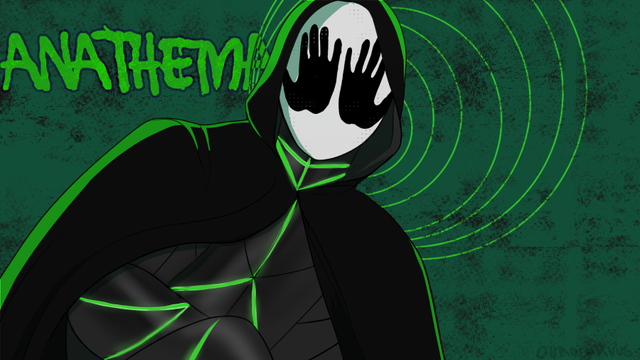 A drawing of a cloaked figure with a white mask with black hand markings covering the eye area. Titled: ANATHEMA.