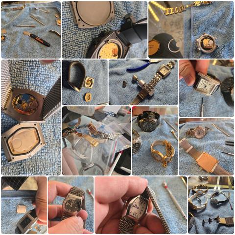 A large dense collage of images of watches in various stages of disassembly with casebacks removed for battery replacement or bracelet links removed for size adjustments.