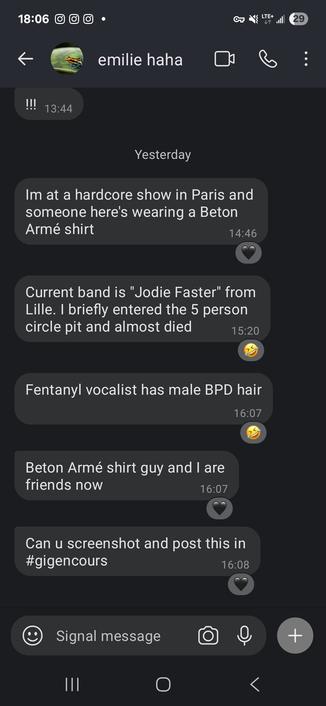 screencap of a signal conversation about a punk show happening in france