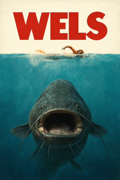 The movie poster depicts a large catfish, known as a Wels, prominently displayed in the foreground. The fish is shown with its mouth wide open, showcasing its large, toothy interior. Its body is dark gray with a textured, mottled appearance, and it has long, thin barbels extending from its chin. The Wels is swimming in a deep blue underwater environment, with the water's surface visible at the top of the image.

Above the fish, the word "WELS" is written in bold, red capital letters, occupying the upper portion of the image. The background is a gradient of blue, transitioning from a lighter shade at the top to a darker shade at the bottom, simulating the depth of the water. In the background, a human swimmer is visible, swimming towards the surface, adding a sense of scale and context to the scene. The swimmer's arm is extended, and their head is partially submerged.