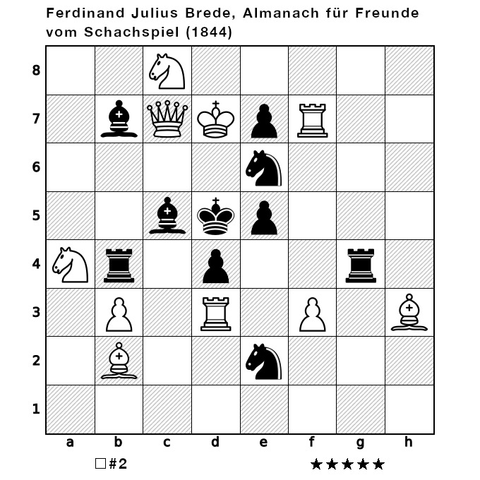 A chess board illustrating the starting position and instructions for the chess problem, "White to move and checkmate in two moves." The chess pieces are arranged as follows: White - King: d7, Queen: c7, Rooks: d3 f7, Bishops: b2 h3, Knights: a4 c8, pawns: b3 f3; Black - King: d5, Rooks: b4 g4, Bishops: c5 b7, Knights: e2 e6, pawns: d4 e5 e7.