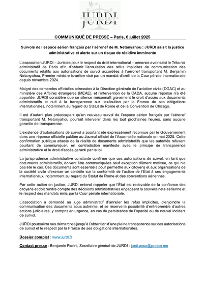 intégralité du communiqué émis par JURDI le 6 juillet 2025