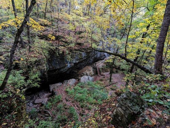 One of a series of photos taken in autumn at a forested midwestern U.S. park featuring a cave system.