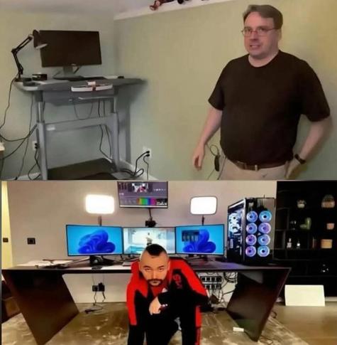 La imagen contrasta dos estilos: arriba, un setup simple y funcional (de Linus Torvalds); abajo, uno llamativo y exagerado, típico de un streamer o gamer. Texto generado con IA