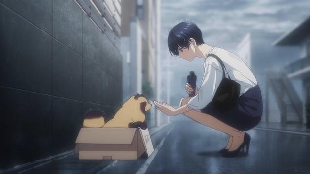 Screenshot from “With You and the Rain” Episode 1

Fuji, wearing a white blouse and short blue skirt, crouches in the rain next to a cardboard box containing a tanuki-looking dog wearing a leaf on its head.