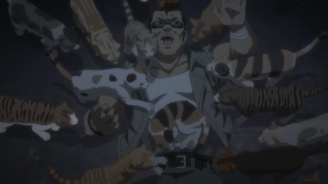 Screenshot from “Nyaight of the Living Cat” Episode 1

Tanishi, sporting a mohawk and goggles, struggles on his back as he is swarmed by cats of various colors. One has already curled up on his stomach.
