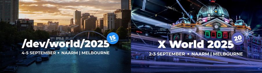 The /dev/world and X World logos. Showing that they're both in Melbourne (Naarm) in the fist week of September, and have been running for 15 and 20 years, respectively. They are backed by pictures of Melbourne (Naarm).