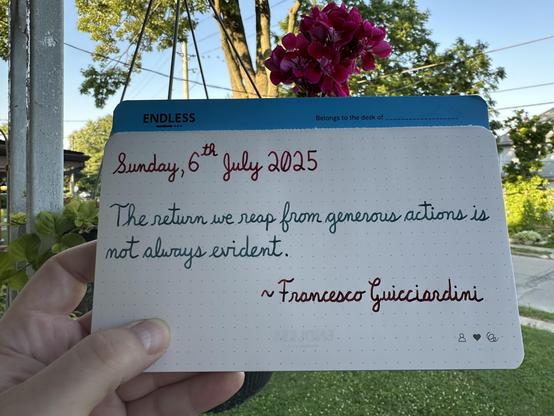 A pen quote of Francesco Guicciardini that reads, “The return we reap from generous actions is not always evident.”

Written using Wearingeul Captain Hook, Pelikan Edelstein Aquamarine & Dominant Industry Ginger Chicken.