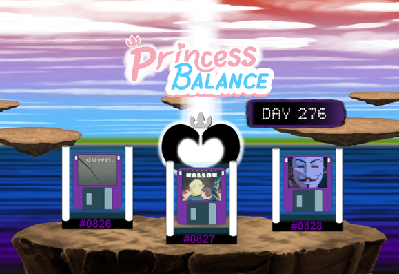 Floating words "PrincessBalance" and " Day 276", just above three fictional game consoles labelled #0826, #0827, and #0828, with diskettes in them showing the corresponding game logo.