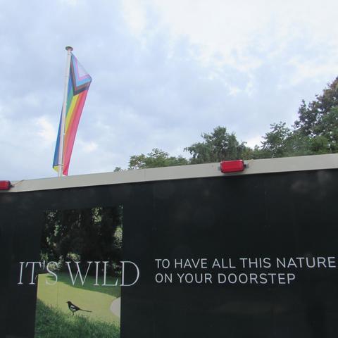 It's Wild TO HAVE ALL THIS NATURE ON YOUR DOORSTEP, with Pride flag flying on unaffordable Housing showroom suite.