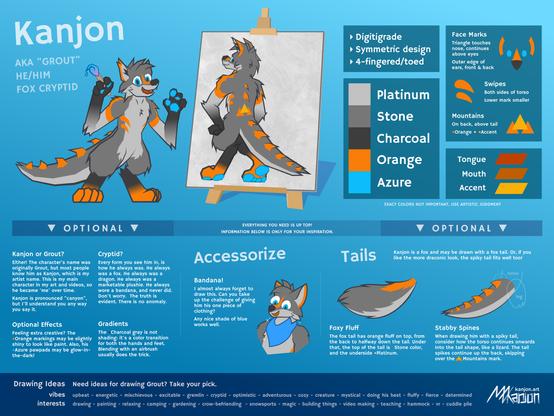 the full version of my ref sheet, with markings, lore, clothes, tails, and drawing ideas. find the non-crunchy version at kanjon.link/ref