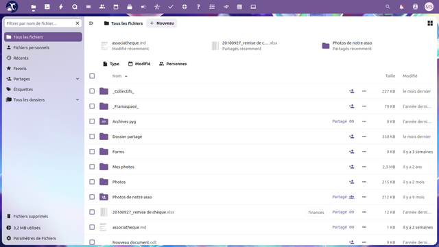 Capture d'écran de Framaspace.

La page affichée est l'accueil de l'application "Fichiers".