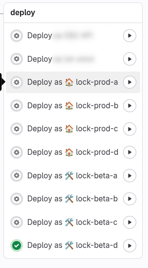 Gitlab CI steps with added emojis. House emoji for Production environments and Work in Progress emoji for beta environments.