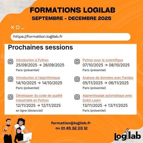 Prochaines sessions de formation chez Logilab à partir de septembre. Un parcours complet pour l'apprentissage de Python et de ses librairies. Contactez nous vite pour vous inscrire.