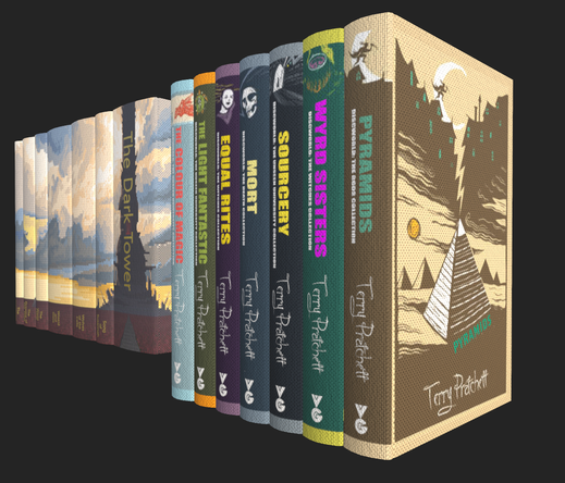 A screenshot from Substance painter showing detailed replicas of book stacks. In the foreground are the first seven books from Terry Pratchett's "Discworld" series, the recent collection by Gollancz, and behind them are seven The Dark Tower books with custom artwork covers.
