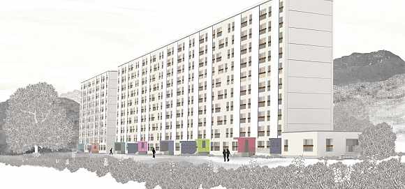 Visualisation of the renovated 9 storey building. Photo credit: MOA: Alpes Isère Habitat / MOE: Landfabrik / visual: Léa Destombes