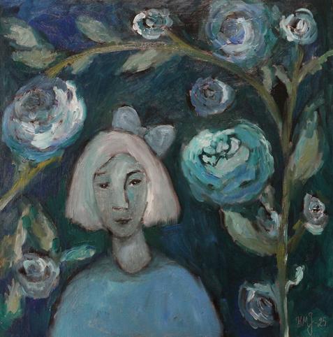 Oil painting with some blue tones... Something in the garden at night... 😊😊😊😊In this painting a women looks curious and try to undertsand what is happening at the night time in her garden. Blue flowers too on the background. Expressionistic painting on wood.
