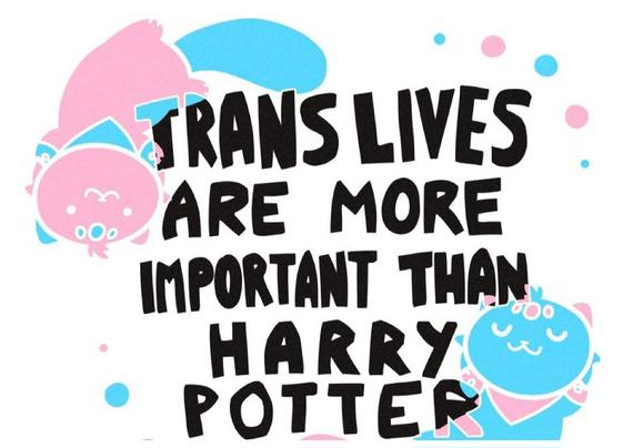 Pink and blue cartoon creatures surround bold text stating, "Trans lives are more important than Harry Potter." The style is playful and supportive.