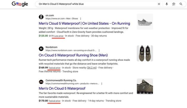 Google is testing low, high and typical price labels for normal search result snippets
