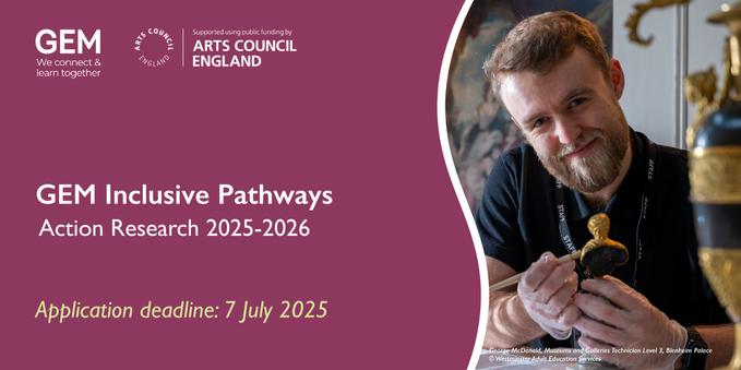 On the left, a purple backdrop with the GEM logo, Inclusive Pathways title and applicatio deadline (7th July 2025). On the right, a young man holds a small gold object and smiles at the camera.
