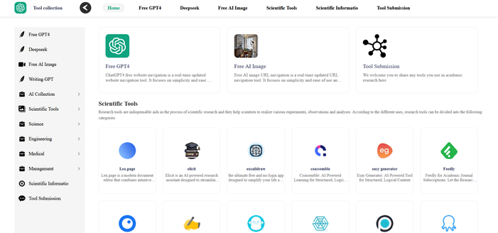 Screenshot showing part of the large list of tools supporting scientific research.