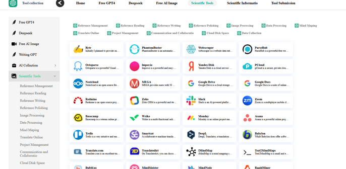Screenshot showing various categories of tools supporting science research.