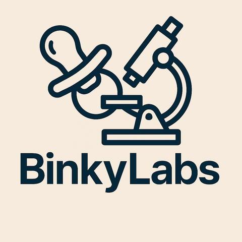BinkyLabs logo, a binky and a microscope on a white background