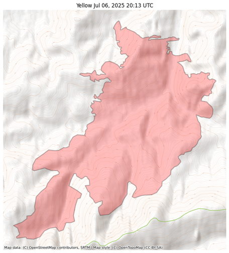 Visual map representation of the Yellow wildfire, showing the perimeters of the 5706.860071688252 acre fire on a map.