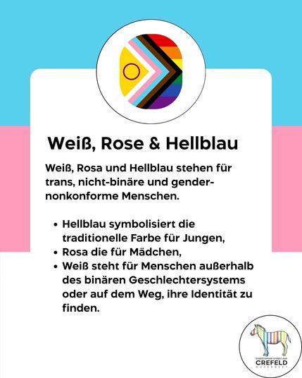 Weiß, Rose & Hellblau
Weiß, Rosa und Hellblau stehen für trans, nicht-binäre und gender-nonkonforme Menschen.
• Hellblau symbolisiert die traditionelle Farbe für Jungen,
• Rosa die für Mädchen,
• Weiß steht für Menschen außerhalb des binären Geschlechtersystems oder auf dem Weg, ihre Identität zu finden.
