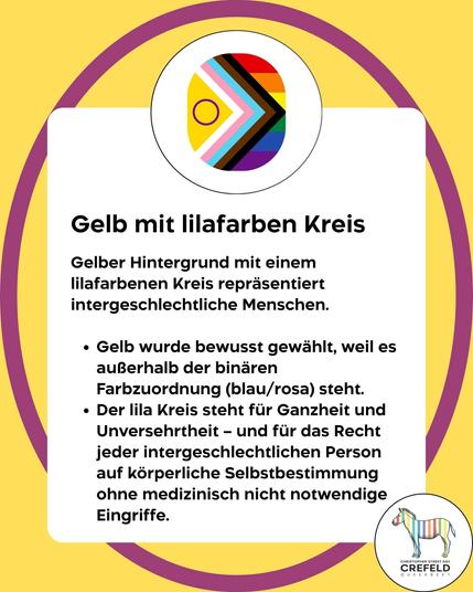 Gelb mit lilafarben Kreis
Gelber Hintergrund mit einem lilafarbenen Kreis repräsentiert intergeschlechtliche Menschen.
• Gelb wurde bewusst gewählt, weil es außerhalb der binären Farbzuordnung (blau/rosa) steht.
• Der lila Kreis steht für Ganzheit und Unversehrtheit - und für das Recht jeder intergeschlechtlichen Person auf körperliche Selbstbestimmung ohne medizinisch nicht notwendige
Eingriffe.