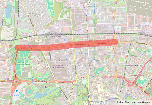 Eine Karte des Münchner Nordens, in dem die Moosacher Straße und der Frankfurter Ring zwischen Landshuter Allee und Ingolstädter Straße hervorgehoben sind.
