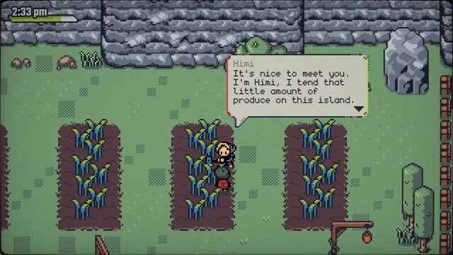 Screenshot of my upcoming game Fading Serenades. The protagonist is talking to a woman of the island.
