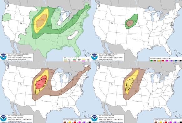Enhanced Risk of Severe Thunderstorms in the Plains; Flood Watches in Central Texas & the Mid-Atlantic
There is an enhanced risk of severe thunderstorms for portions of the Plains today. Severe wind gusts and damaging hail are the main threats. The remnants of Tropical Depression Chantal continue across the Mid-Atlantic. A Slight Risk of flash flooding is in effect for central Texas and the Mid-Atlantic. Additional flooding today may hamper recovery efforts in Texas